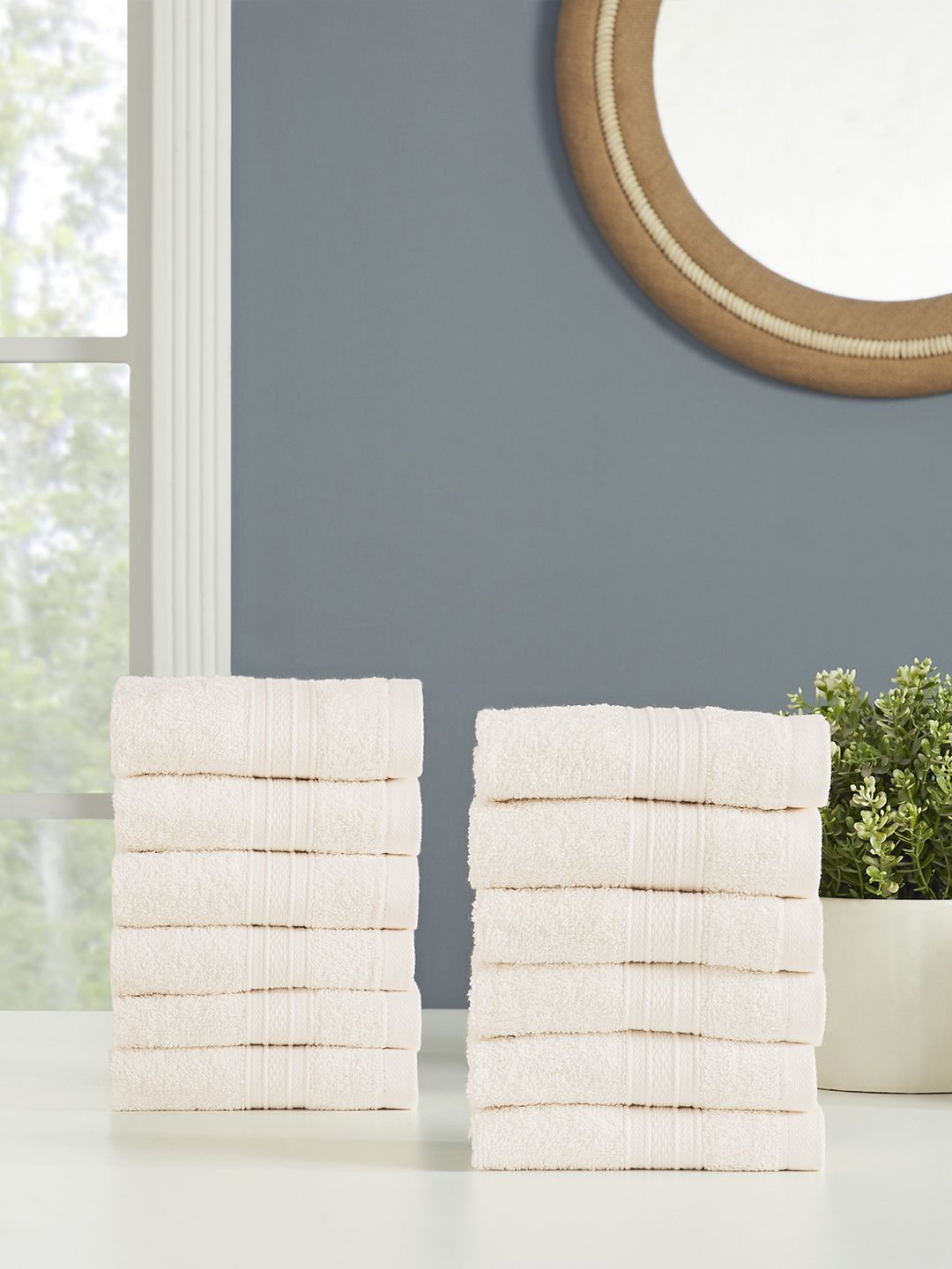 MYTRIDENT Cream-Coloured Set of 12 Solid Cotton 500 GSM Face Towels