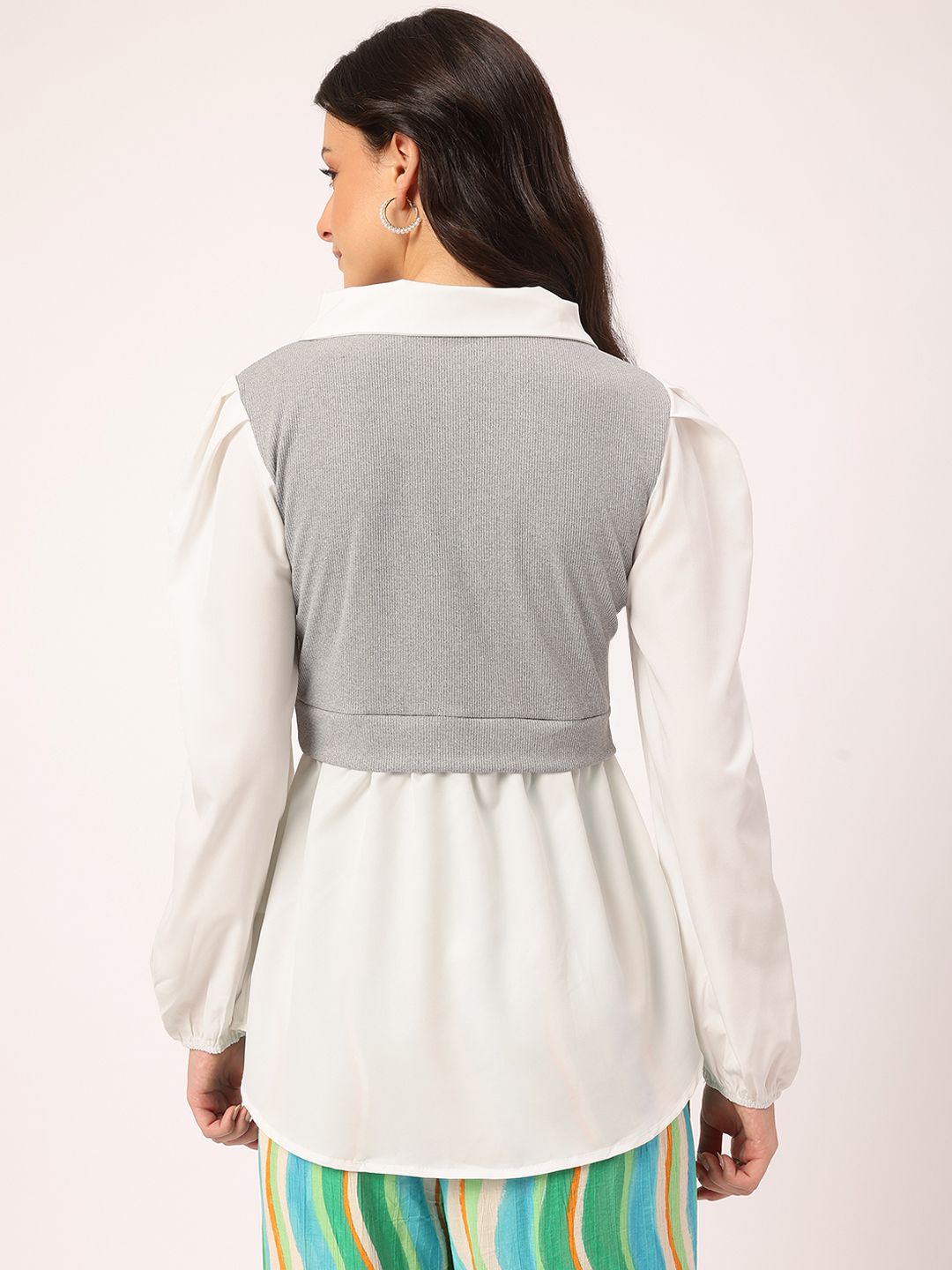 DressBerry Sleek & Simple Layered Detail Puff Sleeves Shirt-Style Longline Top