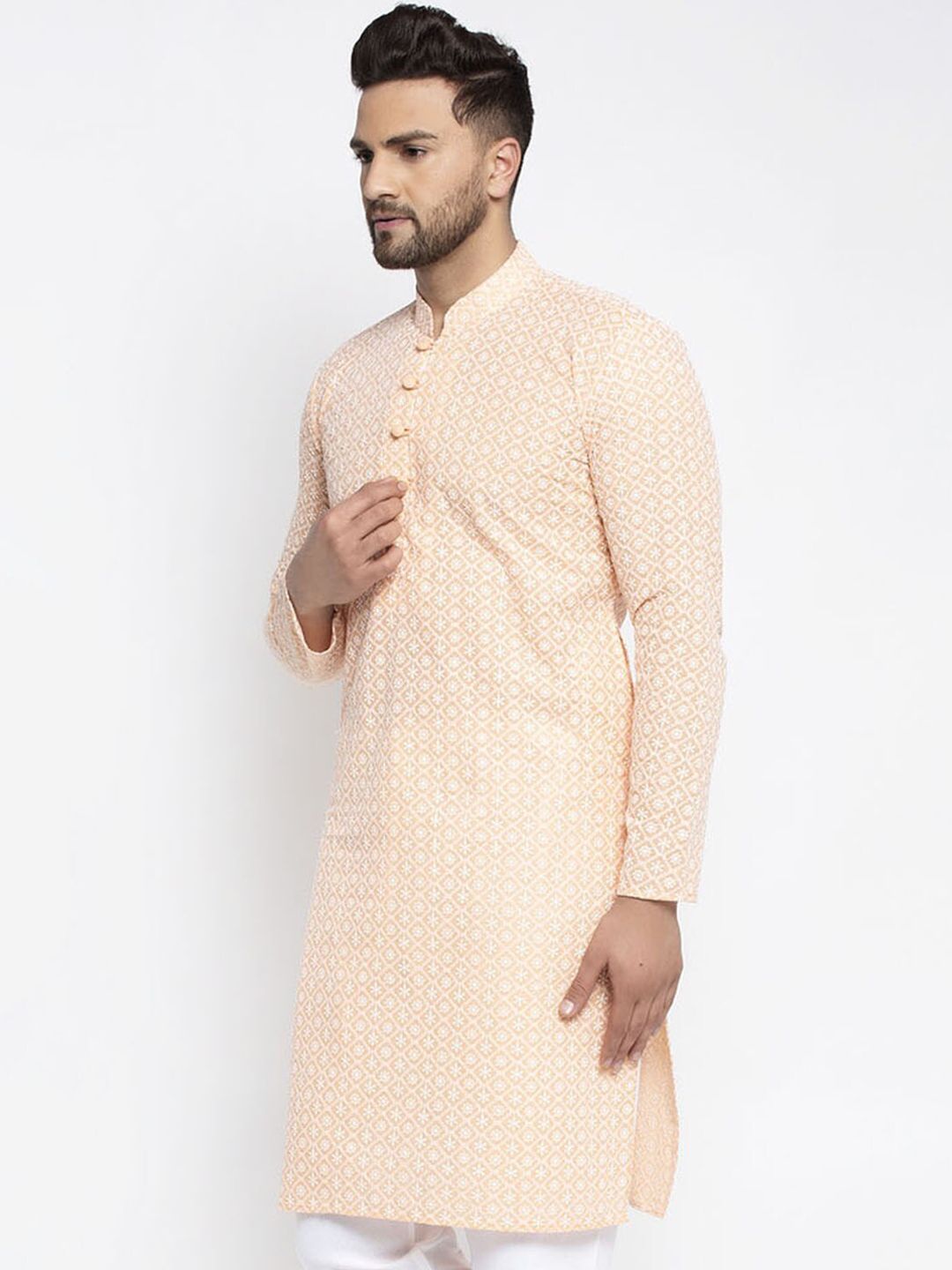 Jompers Men Orange Woven Design Straight Kurta