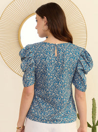 Berrylush Floral Print Round Neck Short Puff Sleeves Top