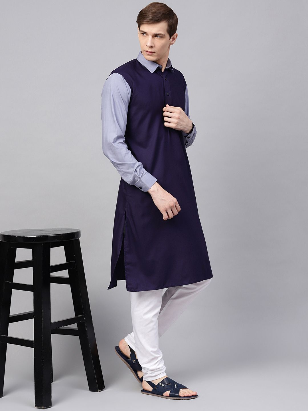 SOJANYA Lelaki Navy Blue Solid Kurta Lurus