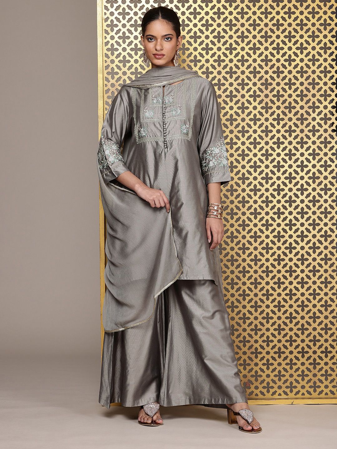 House of Pataudi Yoke Design Thread Work Jashn Kurta and Palazzos with Dupatta