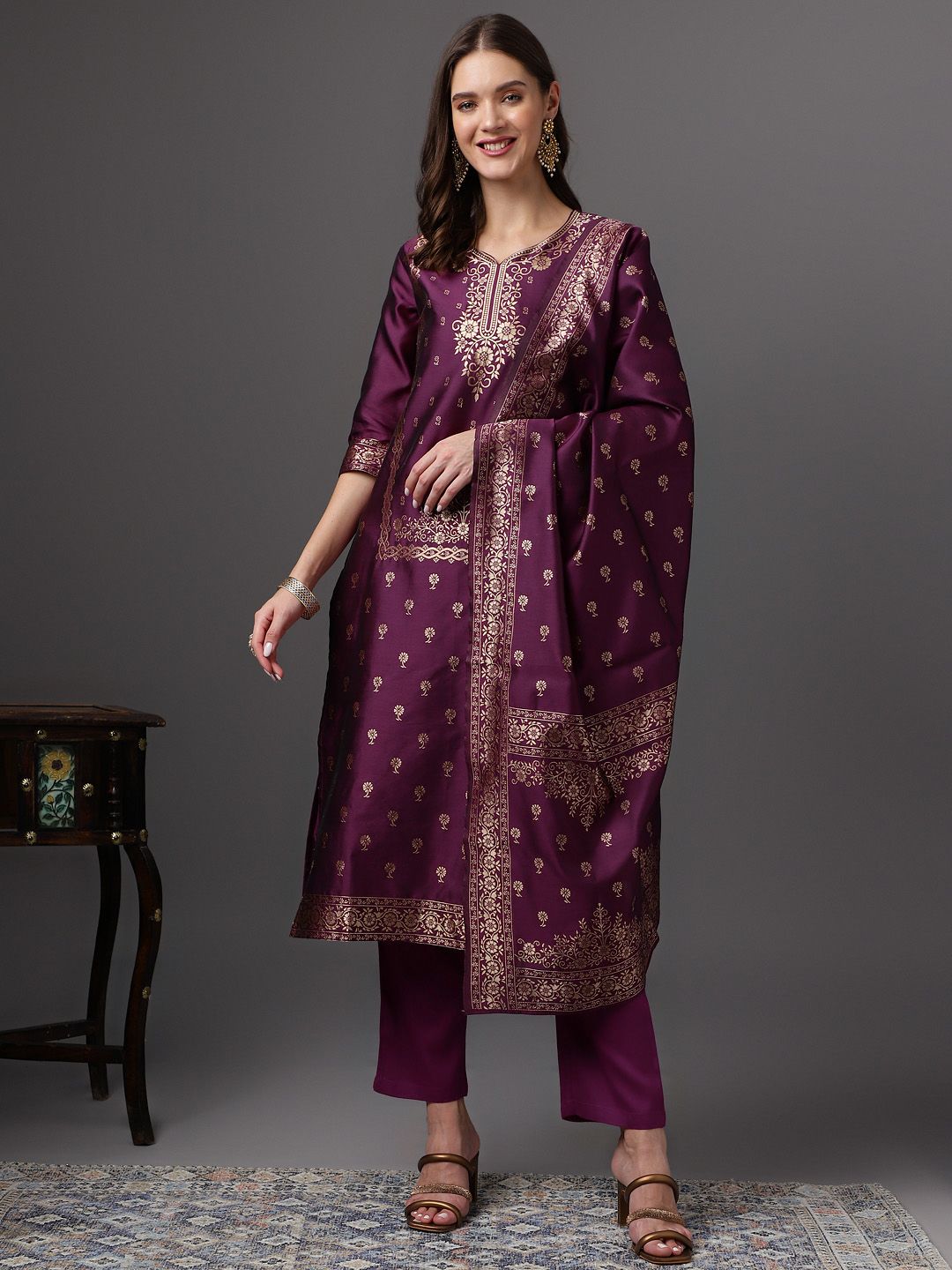 Anouk Zari Woven Design Kurta with Trousers & Dupatta