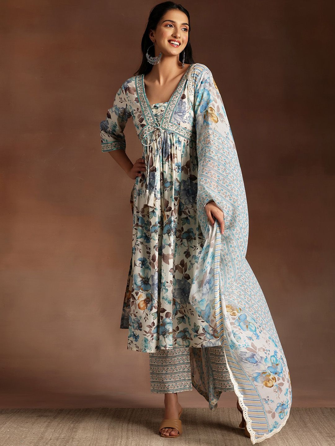 Libas Floral Printed Empire Sequinned Kurta with Palazzo & Dupatta