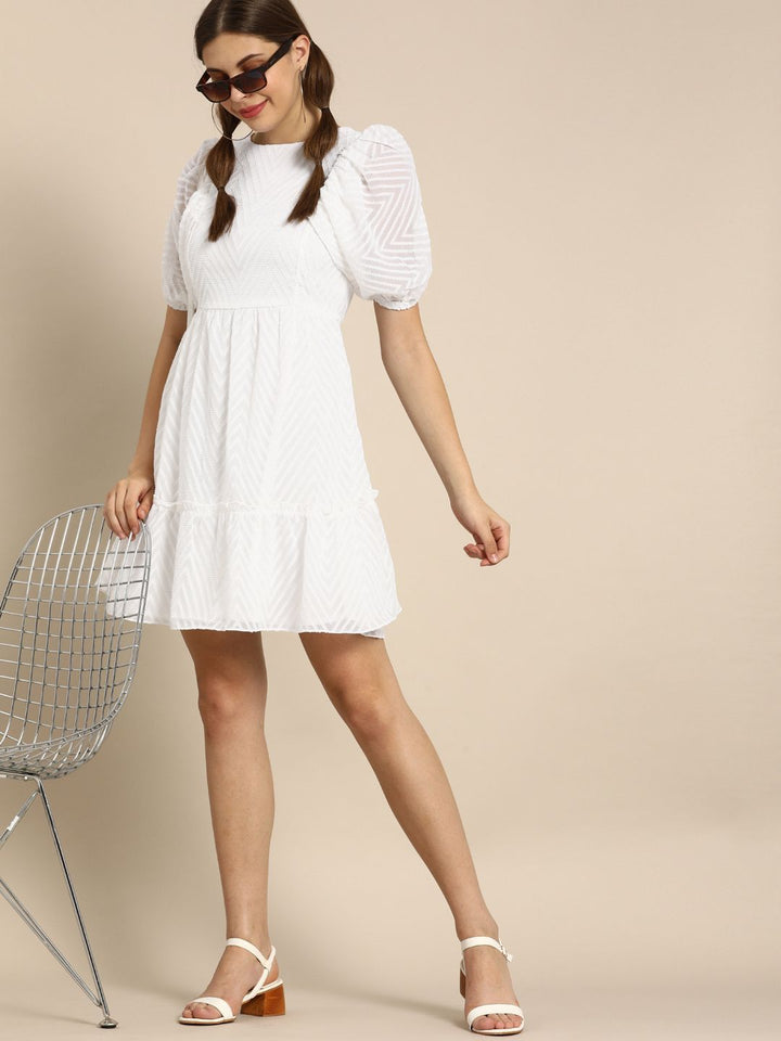 Athena Glorious White Self Design Fit and Flare Dress