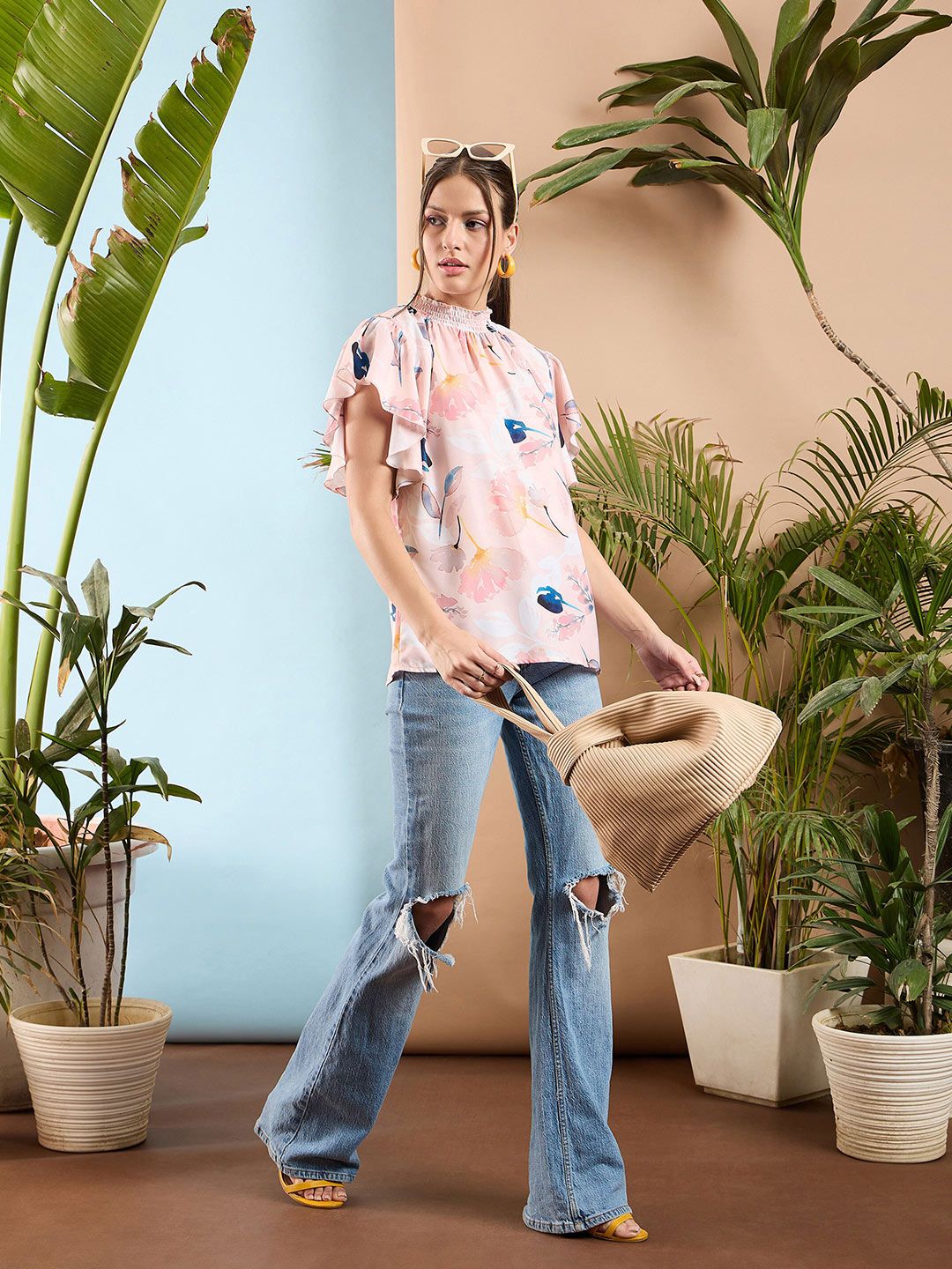 SASSAFRAS Floral Printed Flared Sleeve Smocked Top