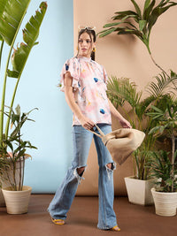 SASSAFRAS Floral Printed Flared Sleeve Smocked Top