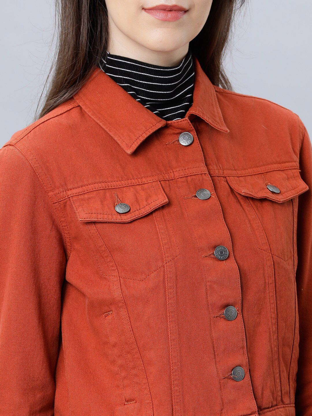 Tokyo Talkies Women Rust Orange Solid Cotton Crop Denim Jacket