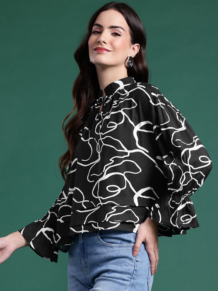 DressBerry Printed Tie-Up Neck Puff Sleeve Top