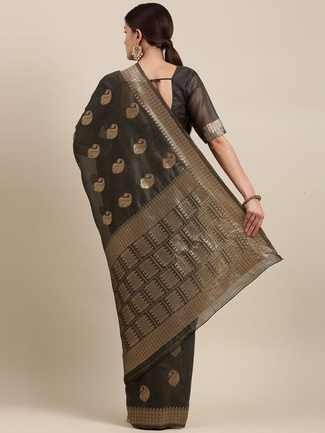 Saree mall Charcoal & Gold-Toned Paisley Linen Blend Sarees