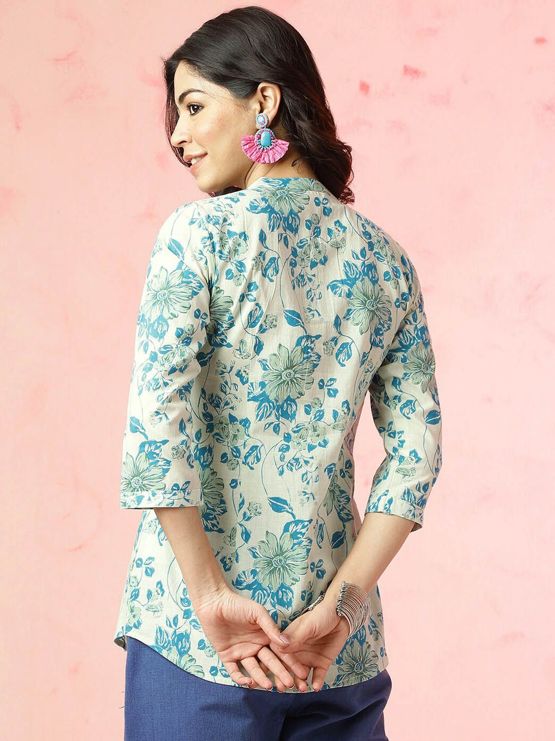 Anouk Blue Floral Printed Mandarin Collar Pure Cotton Top