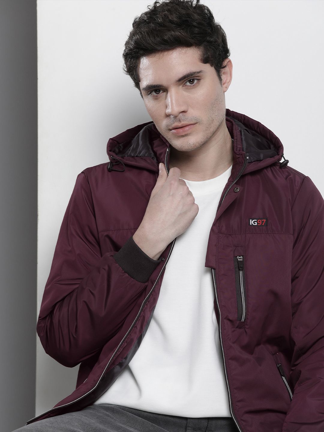 The Indian Garage Co Men Slim Fit Zip-Front Hooded Bomber Jacket