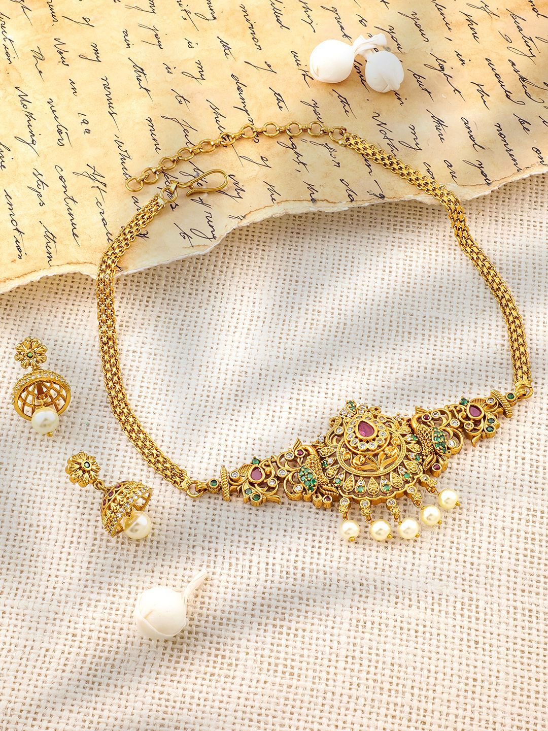 Rubans 22K Gold-Plated Ruby, Emerald & Cubic Zirconia Studded Choker Set with Pearl Drops