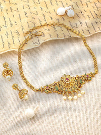Rubans 22K Gold-Plated Ruby, Emerald & Cubic Zirconia Studded Choker Set with Pearl Drops