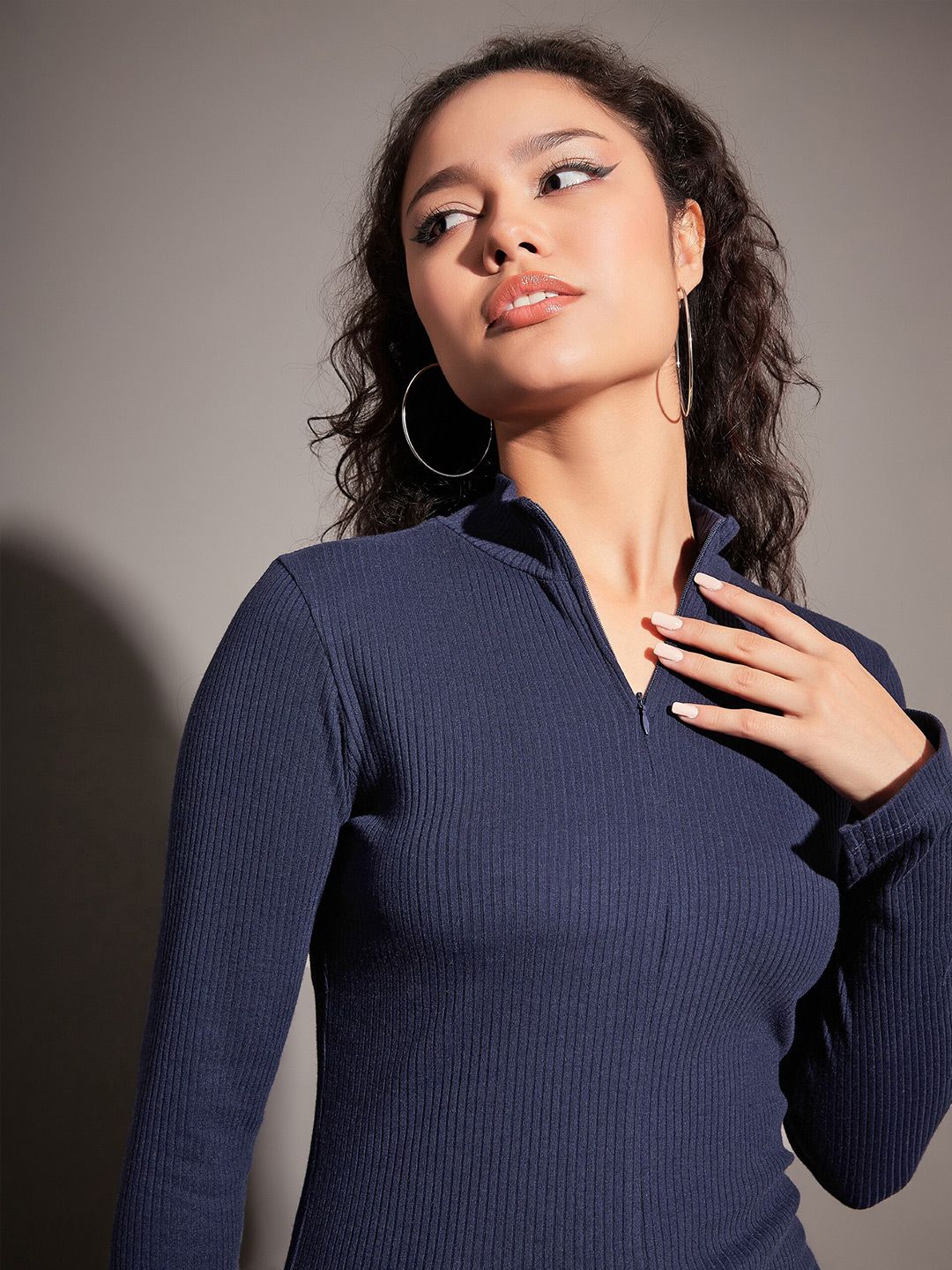 SASSAFRAS Navy Blue High Neck Half Zipper Fitted Top