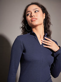 SASSAFRAS Navy Blue High Neck Half Zipper Fitted Top