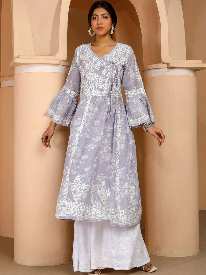 Rumah Wanita Chikankari Lengan Loceng Sulam Bunga Chikankari Kurta