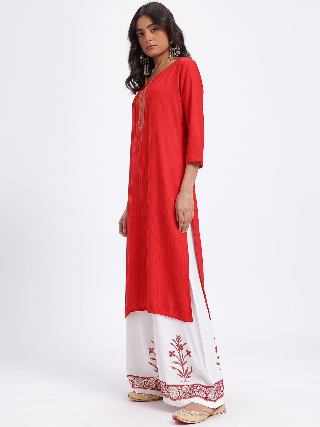 Anouk Yoke Design Panelled Kurta with Floral Printed Palazzos & Dupatta