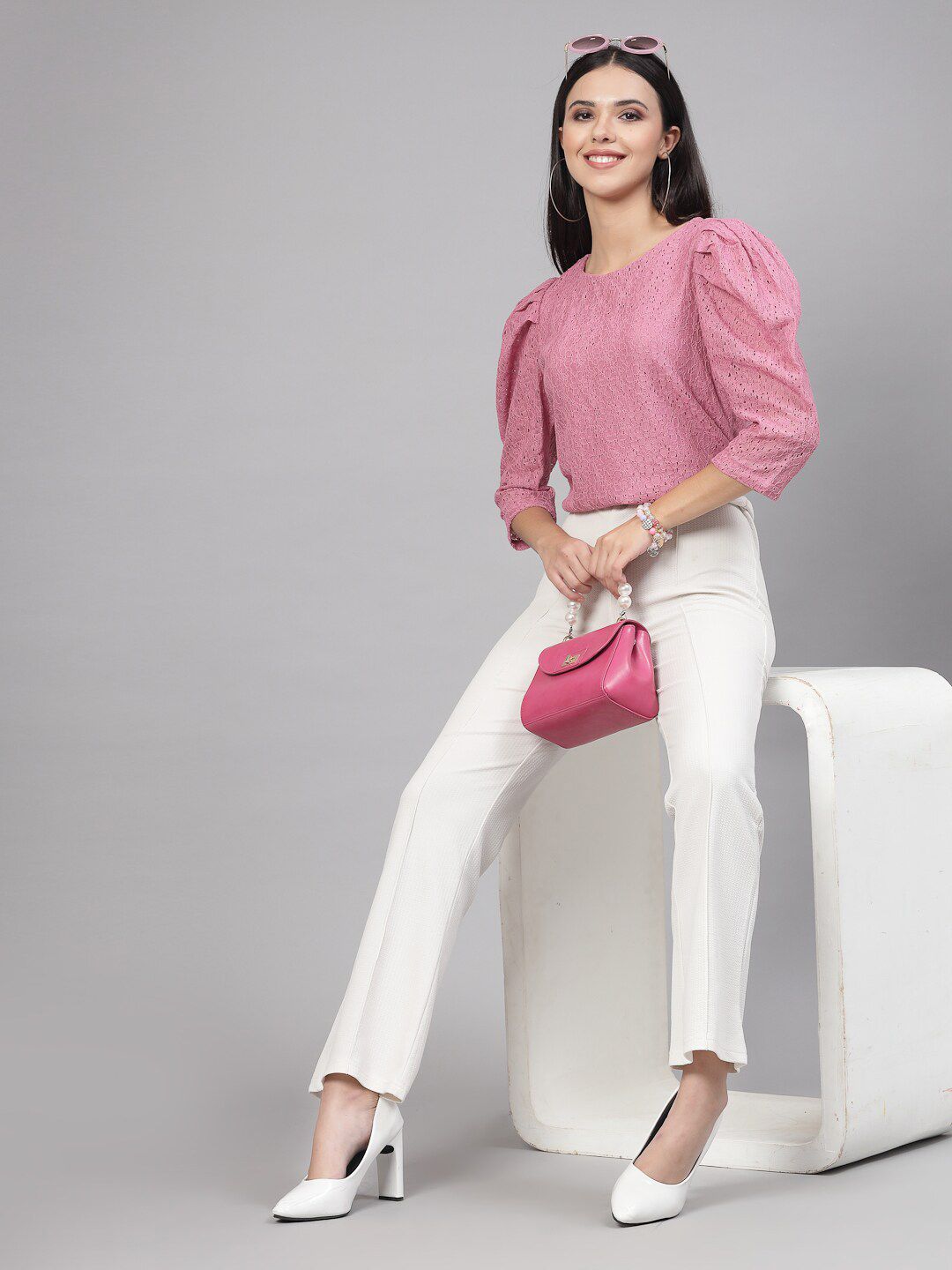 Style Quotient Schiffli Puff Sleeve Cotton Regular Top