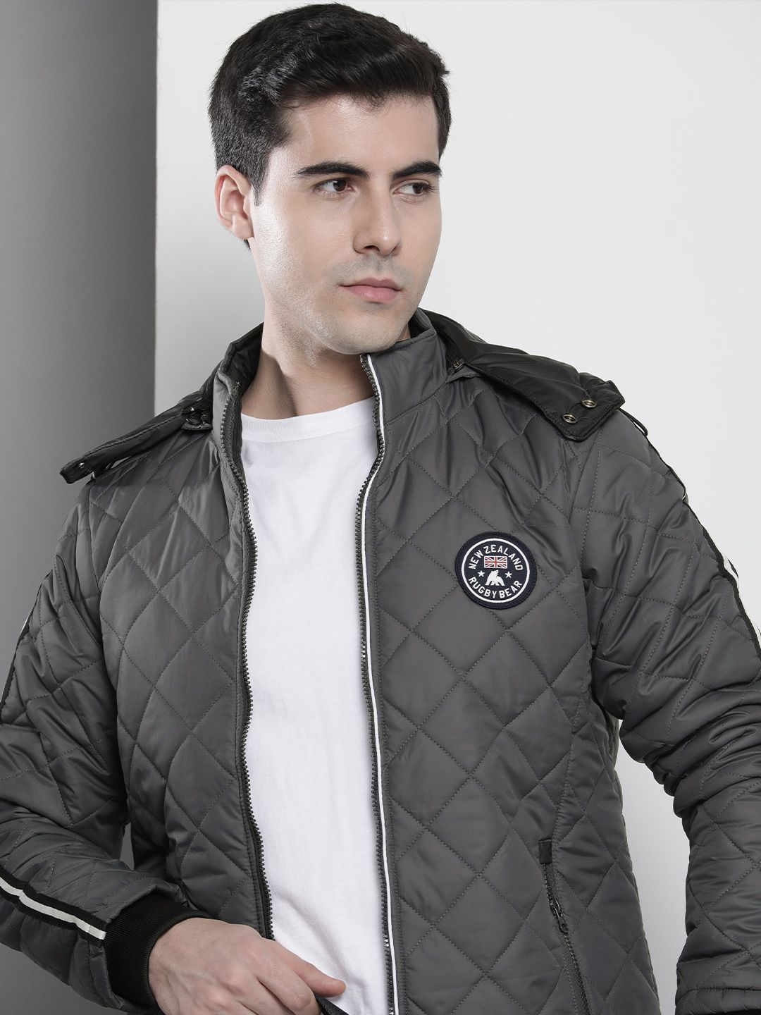 The Indian Garage Co Men Solid Puffer Jacket with Detachable Hood