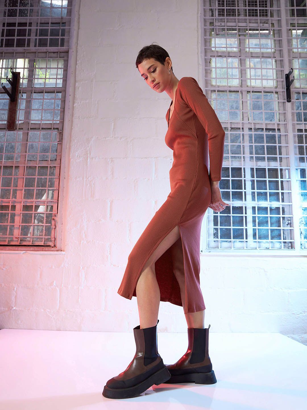 SASSAFRAS Rust Square Neck Long Sleeve Sheath Midi Dress