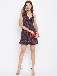Berrylush Women Navy Blue & Red Floral Printed Fit and Flare Dress