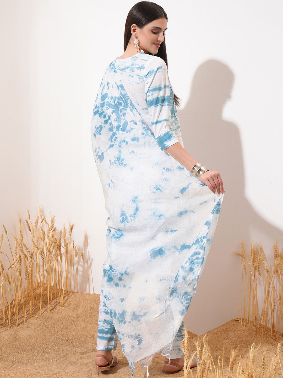 Vishudh Blue Printed Thread Work Pure Cotton Straight Kurta With Trousers & Dupatta