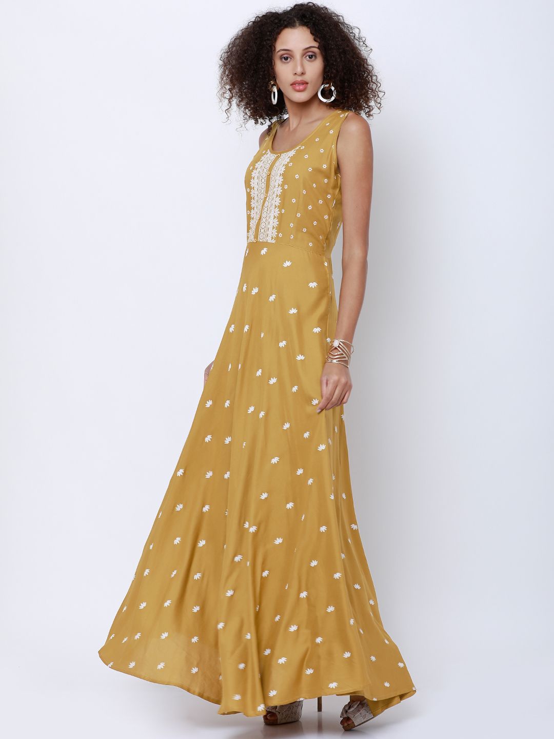Vishudh Women Mustard & White Printed Anarkali Kurta