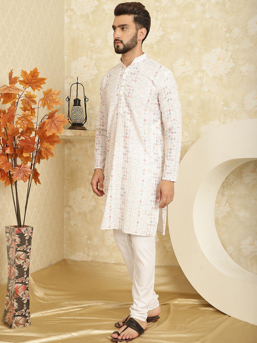 SOJANYA Ethnic Motifs Embroidered Sequined Pure Cotton Straight Kurta with Churidar