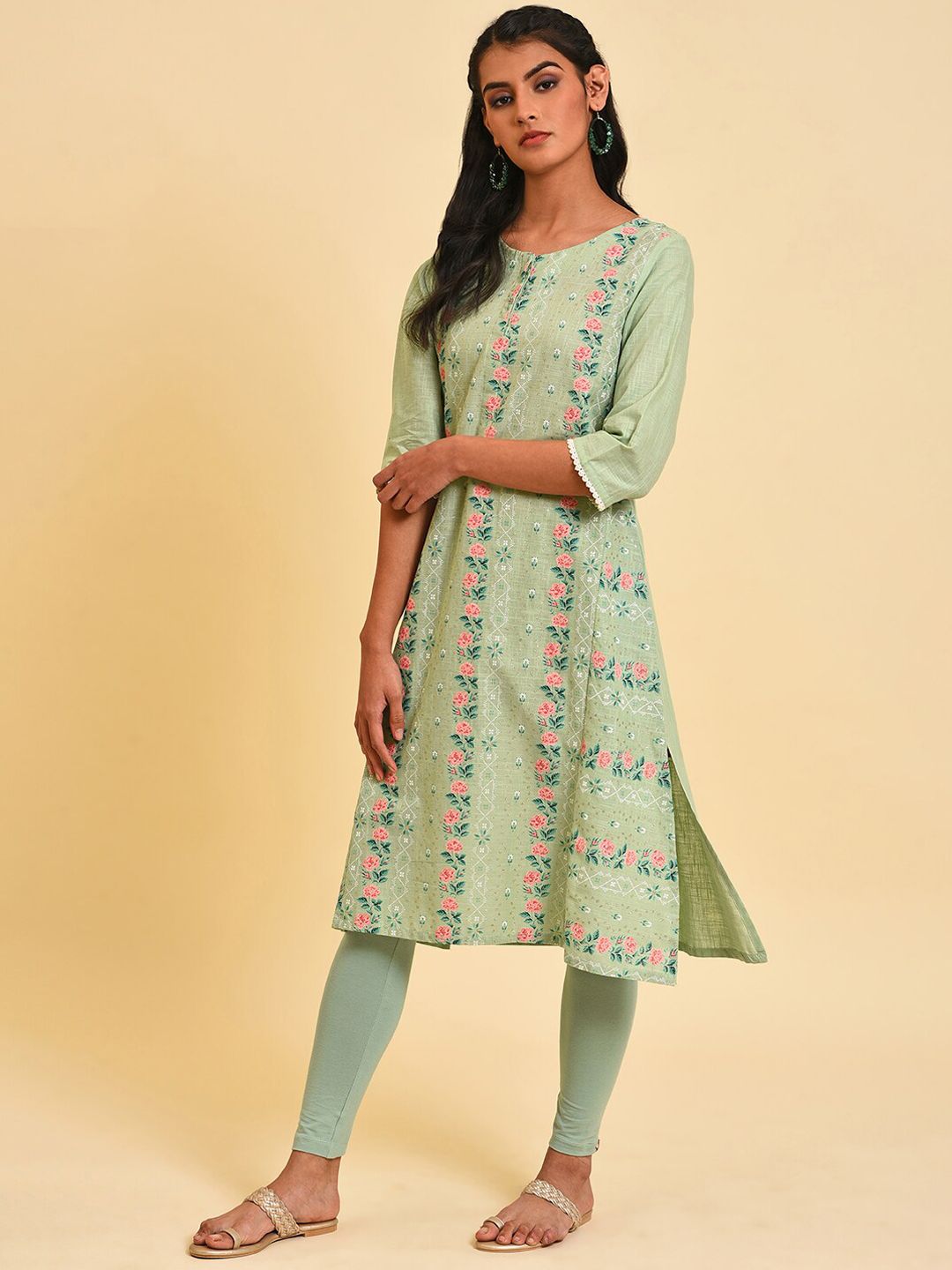 W Floral Printed Pure Cotton Straight Kurta
