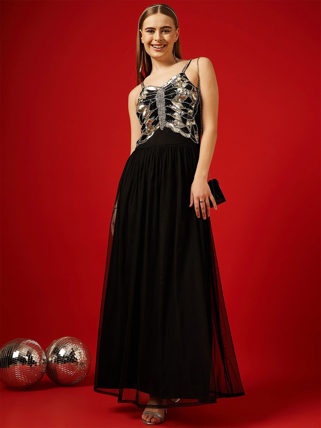 STREET 9 Embellished Shoulder Straps Net Maxi Dress