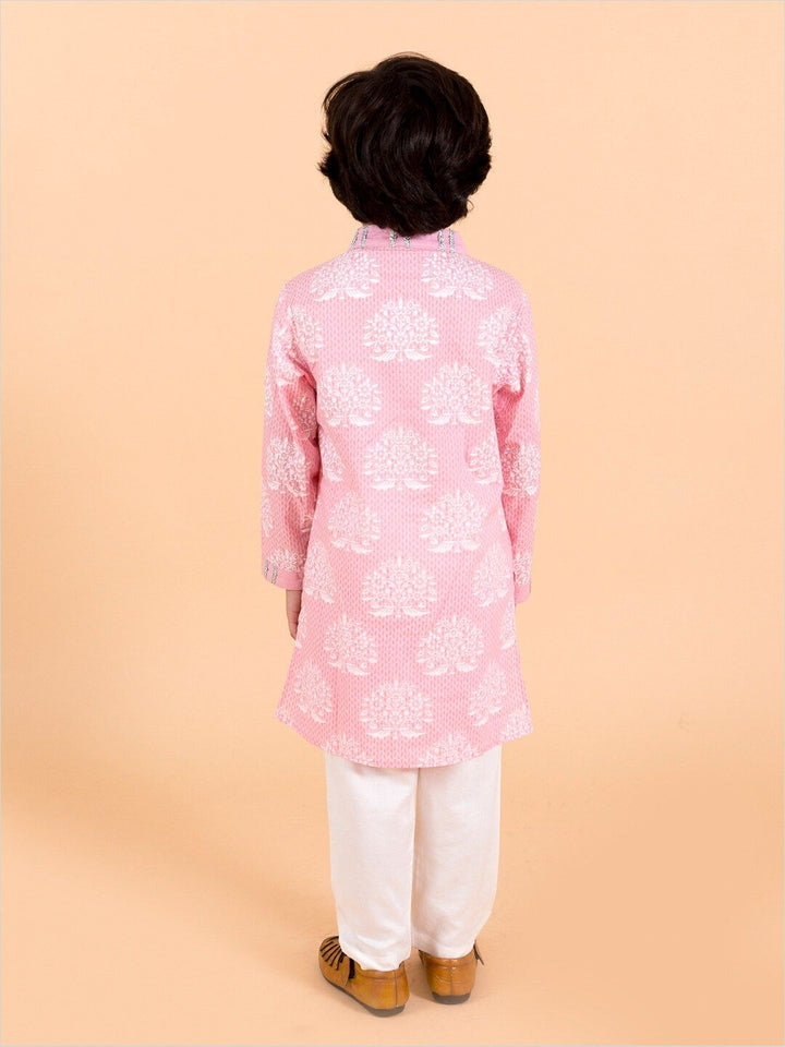 pspeaches Boys Pink Floral Printed Panelled Pure Cotton Kurta with Pyjamas