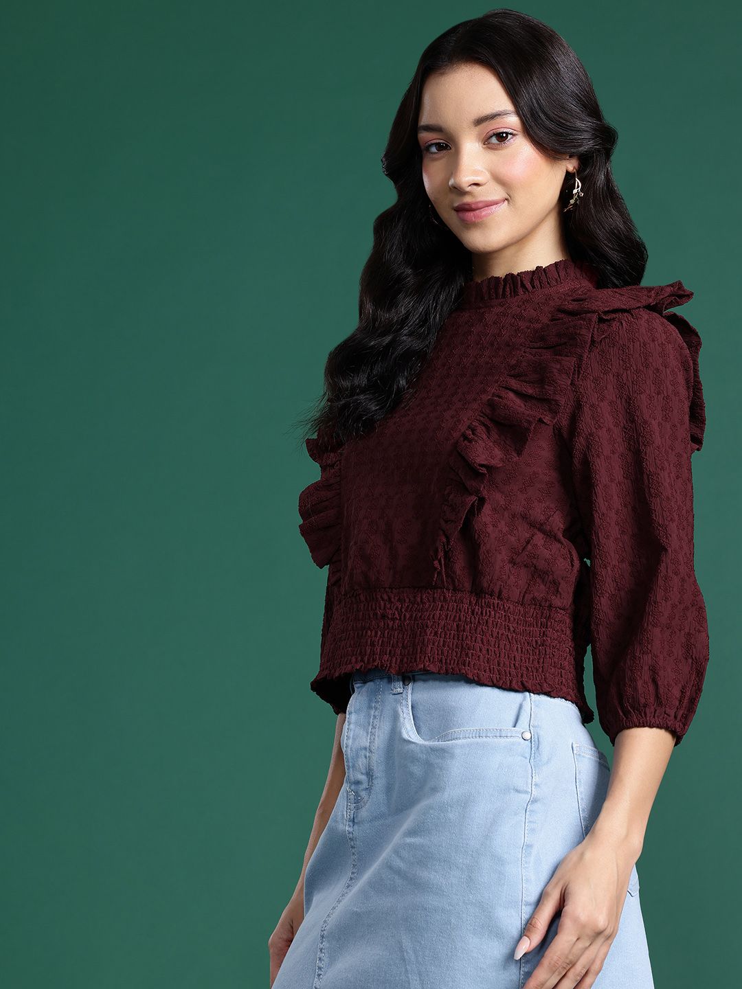 DressBerry Self-Design Ruffles Smocked Cinched Waist Top