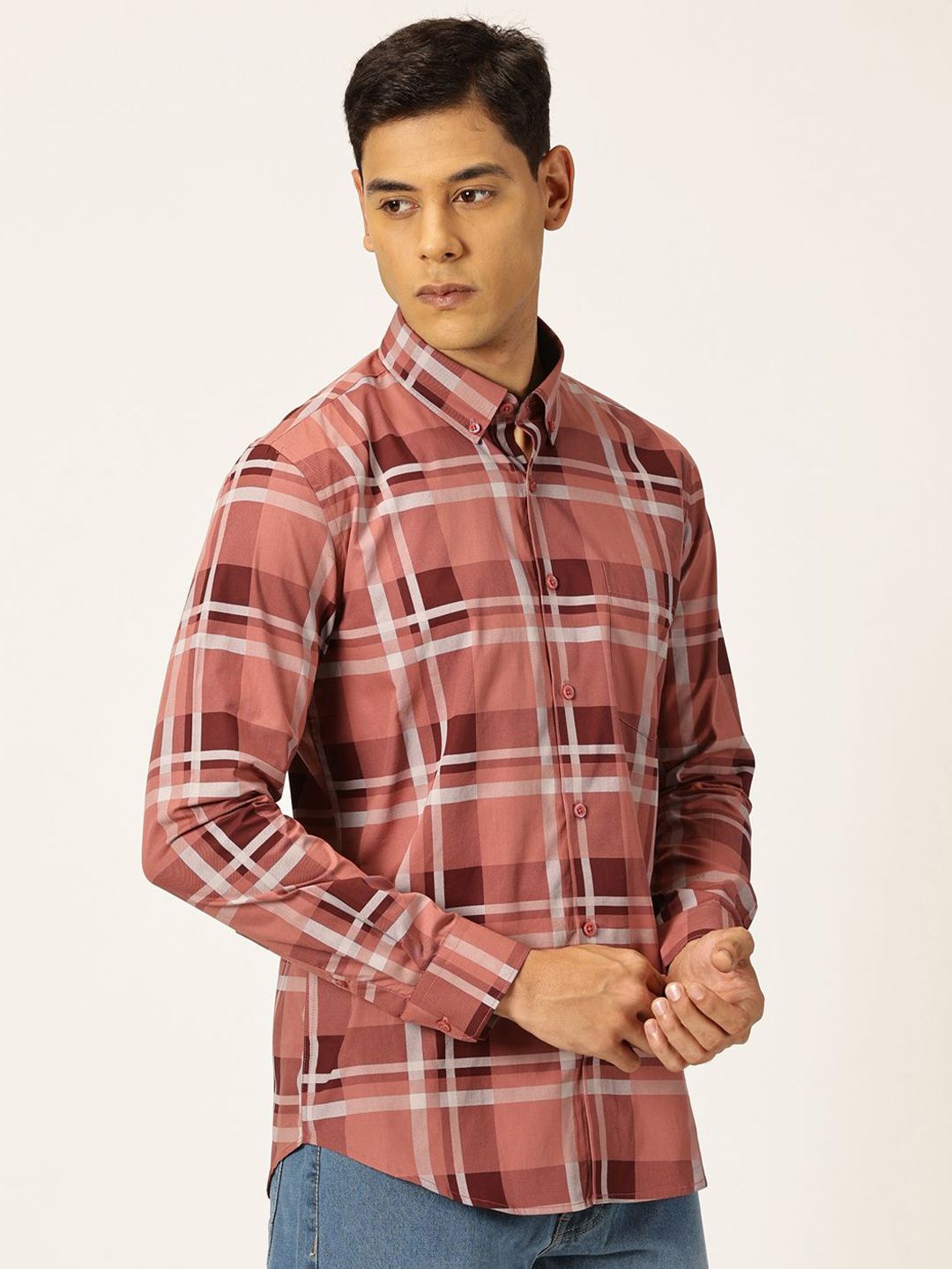 Thomas Scott Men Tartan Checks Button-Down Collar Casual Shirt