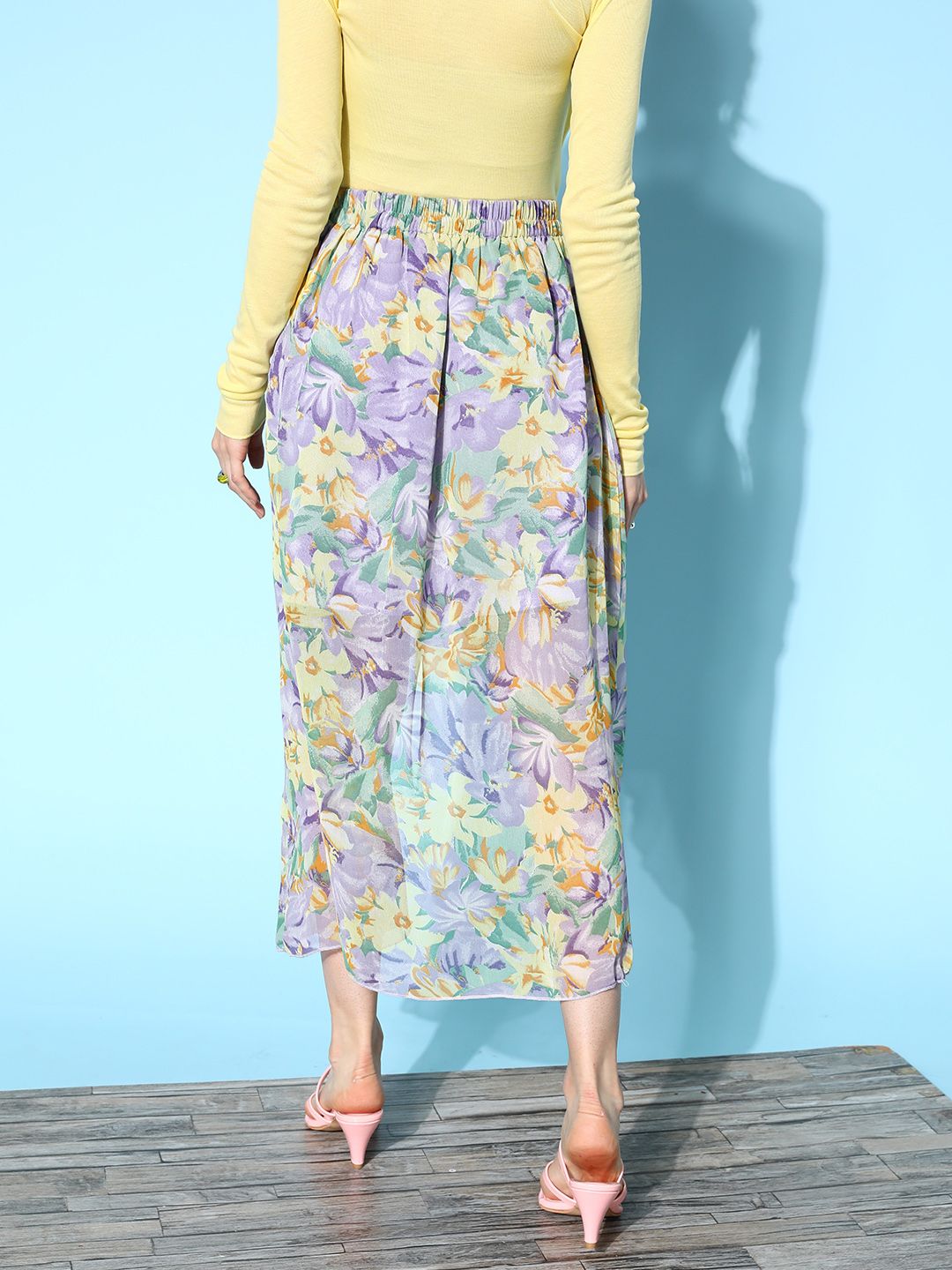 Berrylush Women Purple & Yellow Georgette Floral Print Tulip Hem Skirt