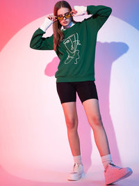 STREET 9 Green & White Graphic Printed Fleece Pullover Sweatshirt