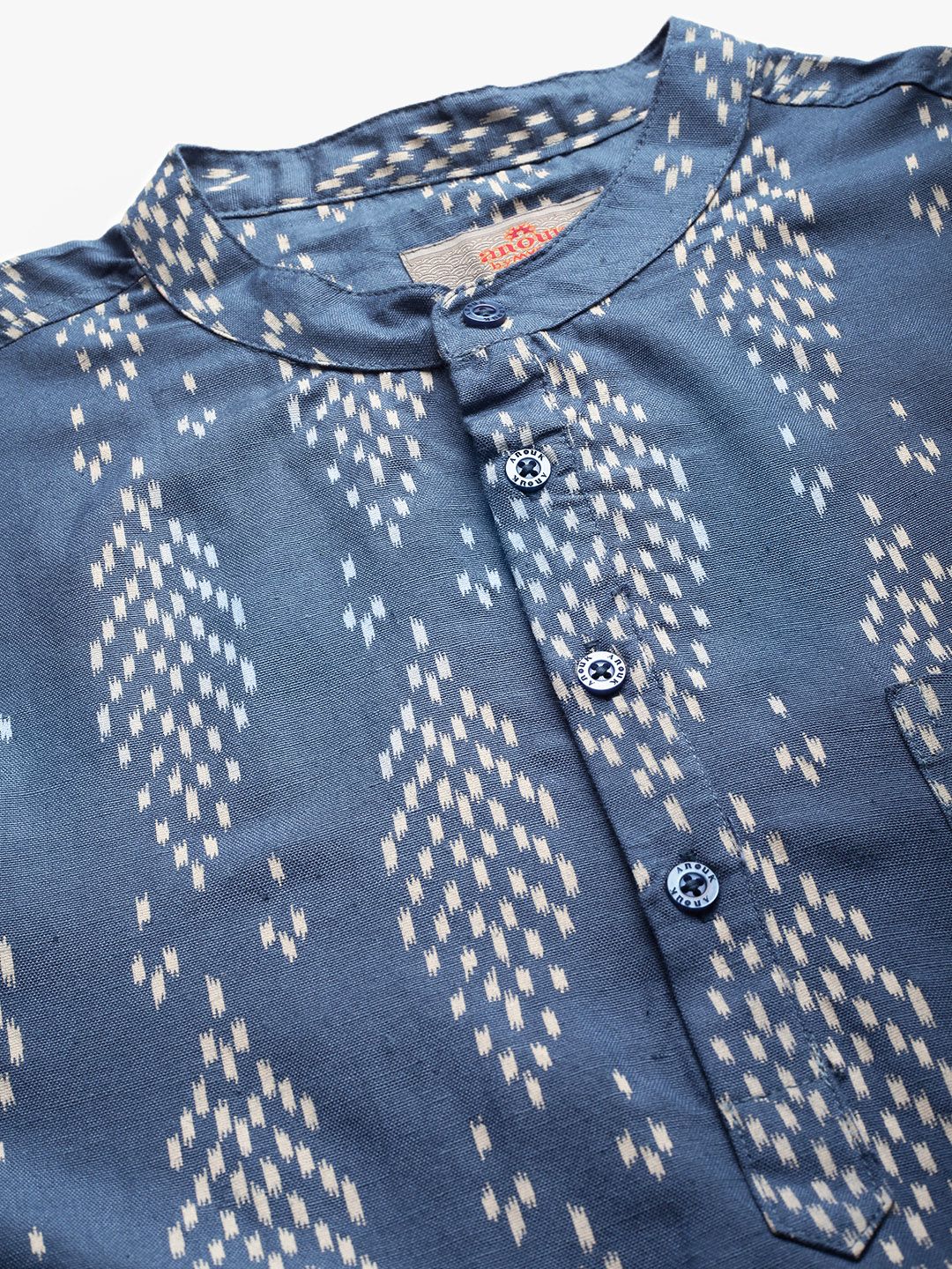 Anouk Men Navy Blue & Off-White Printed Straight Short Kurta