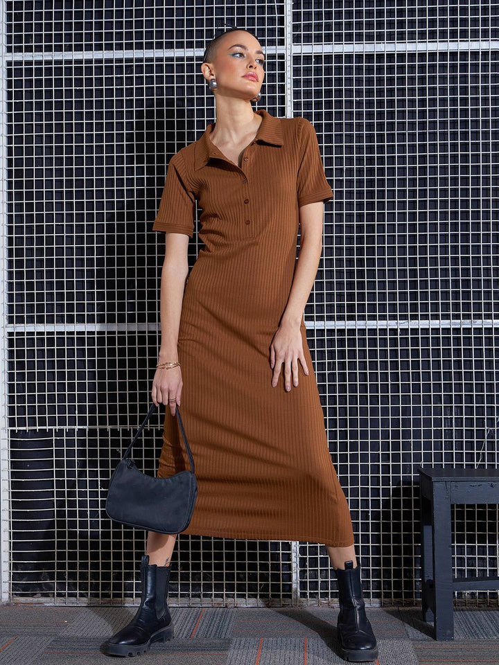 SASSAFRAS Brown Self Design Midi Sheath Dress