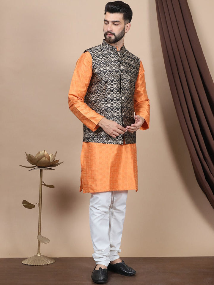 Anouk Geometric Woven Design Regular Straight Kurta With Churidar & Nehru Jacket