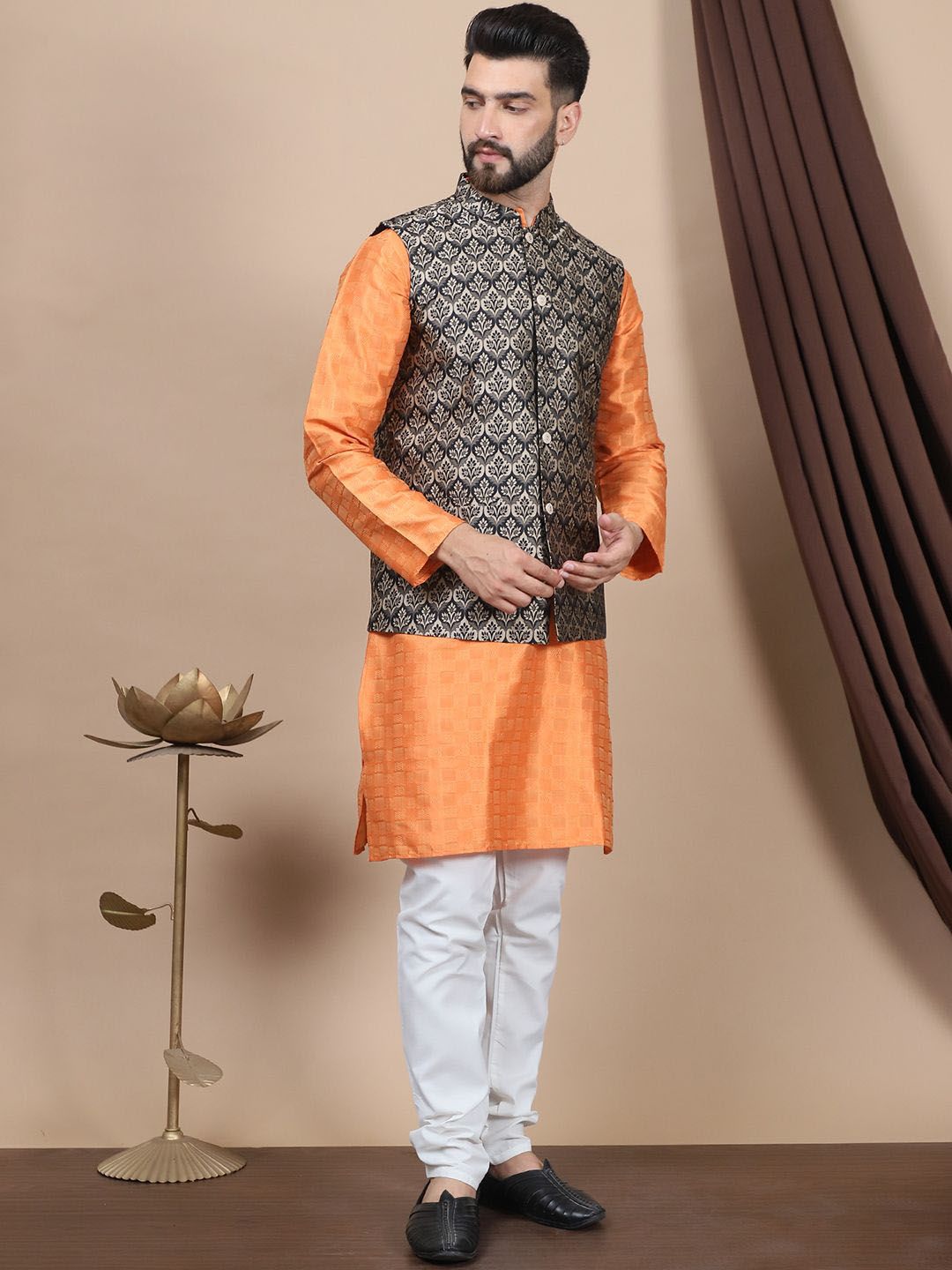 Anouk Geometric Woven Design Regular Straight Kurta With Churidar & Nehru Jacket
