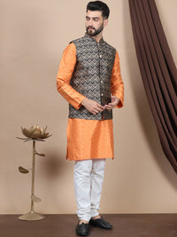 Anouk Geometric Woven Design Regular Straight Kurta With Churidar & Nehru Jacket