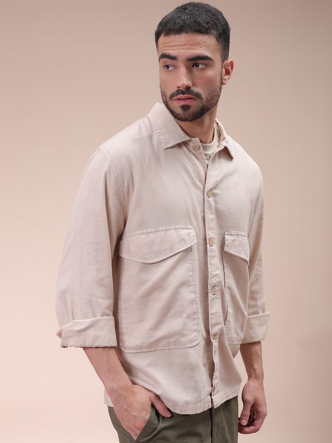 The Indian Garage Co Men Regular Fit Solid Double Flap Pocket Resortwear Overshirt