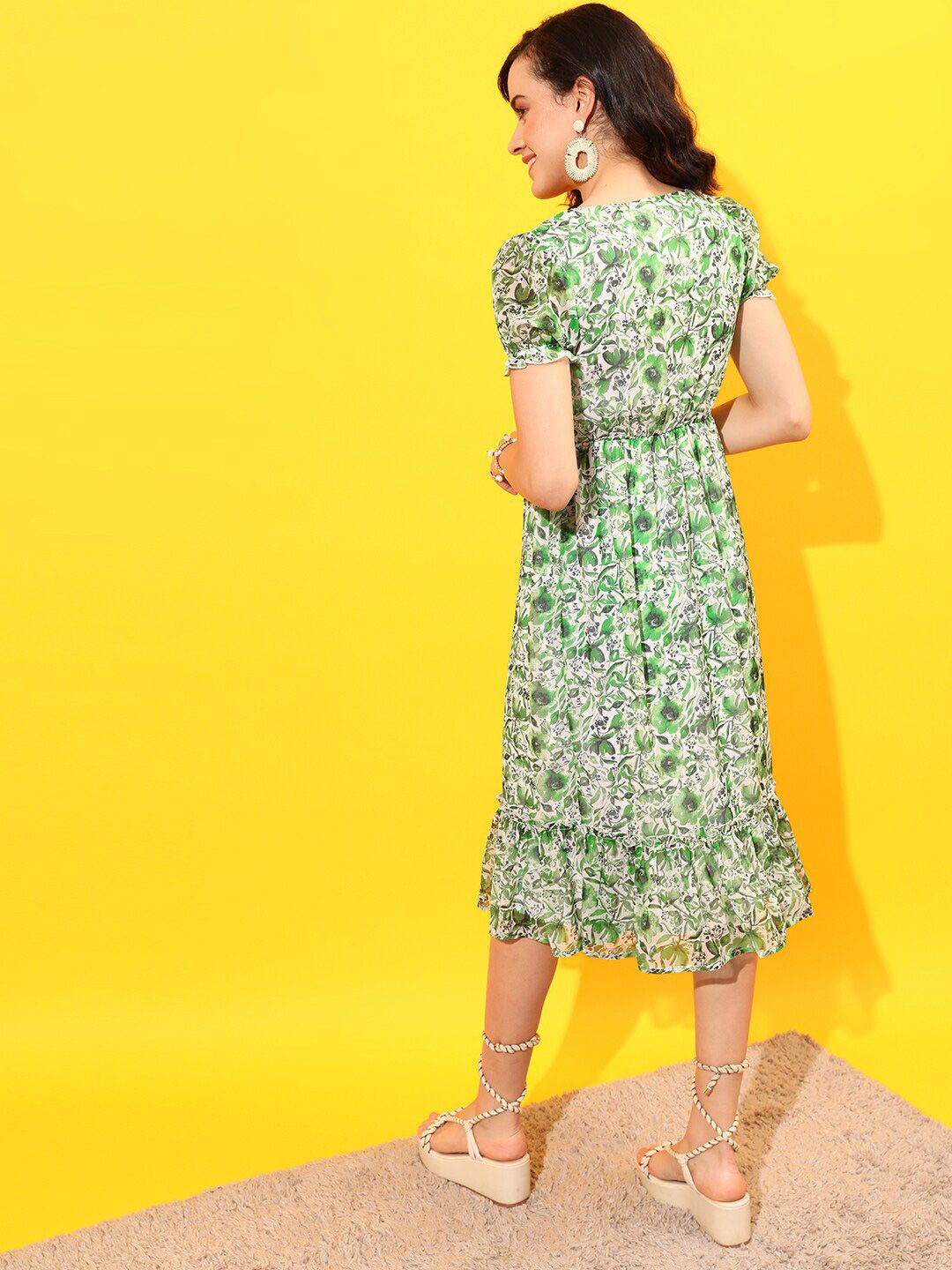 STREET 9 Puff Sleeves Floral Chiffon A-Line Midi Dress