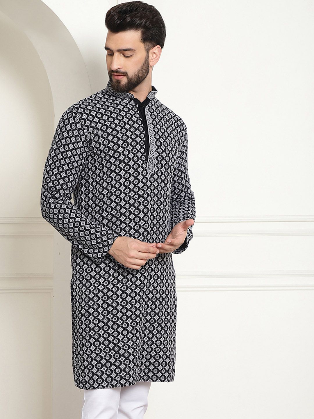 SOJANYA Kurta Katun Tulen Bersulam Geometrik Kolar Mandarin Lurus