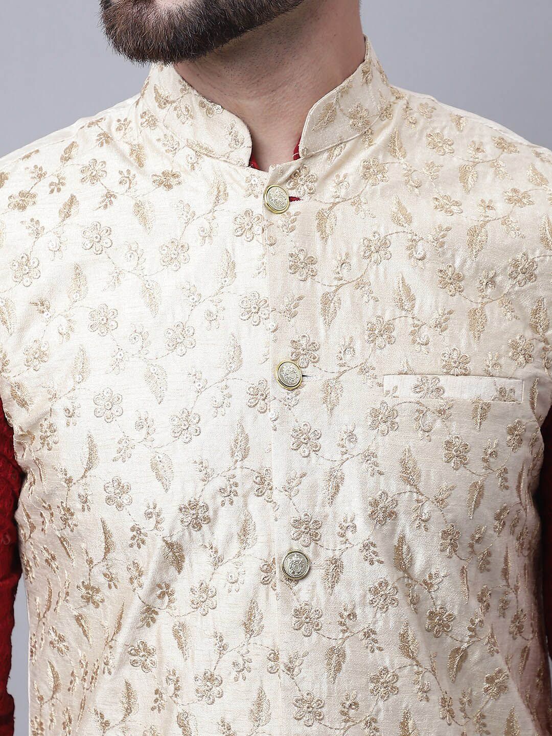 SOJANYA Kurta Kapas Tulen Sulaman Bunga Dengan Piyama & Jaket Nehru