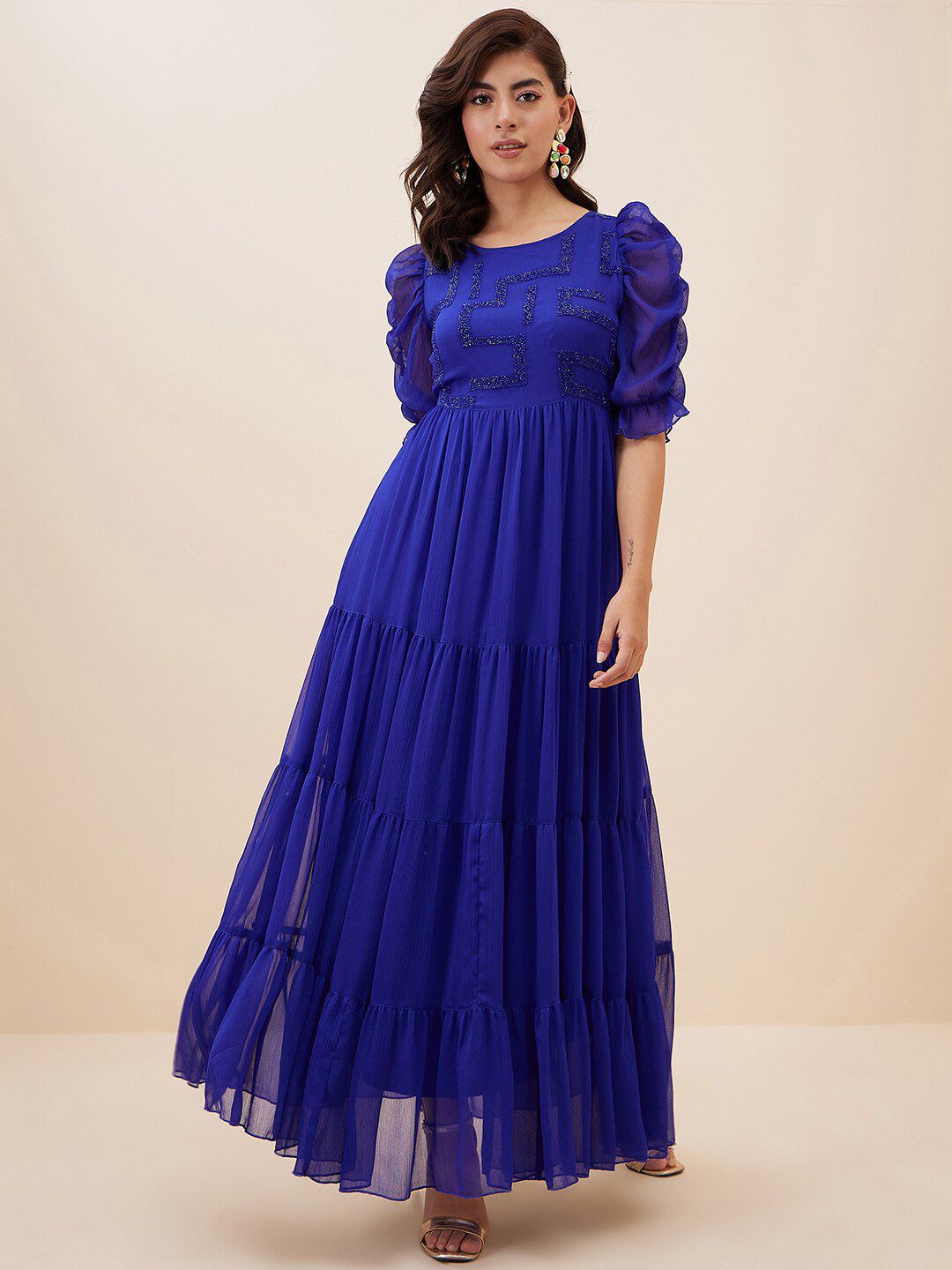 Antheaa Embellished Puff Sleeves Chiffon Fit and Flare Maxi Dress