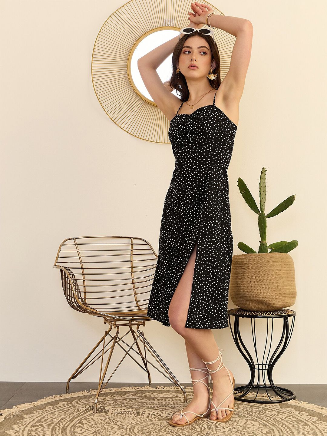 Berrylush Black Polka Dots Print Shoulder Straps Cut-Outs A-Line Midi Dress