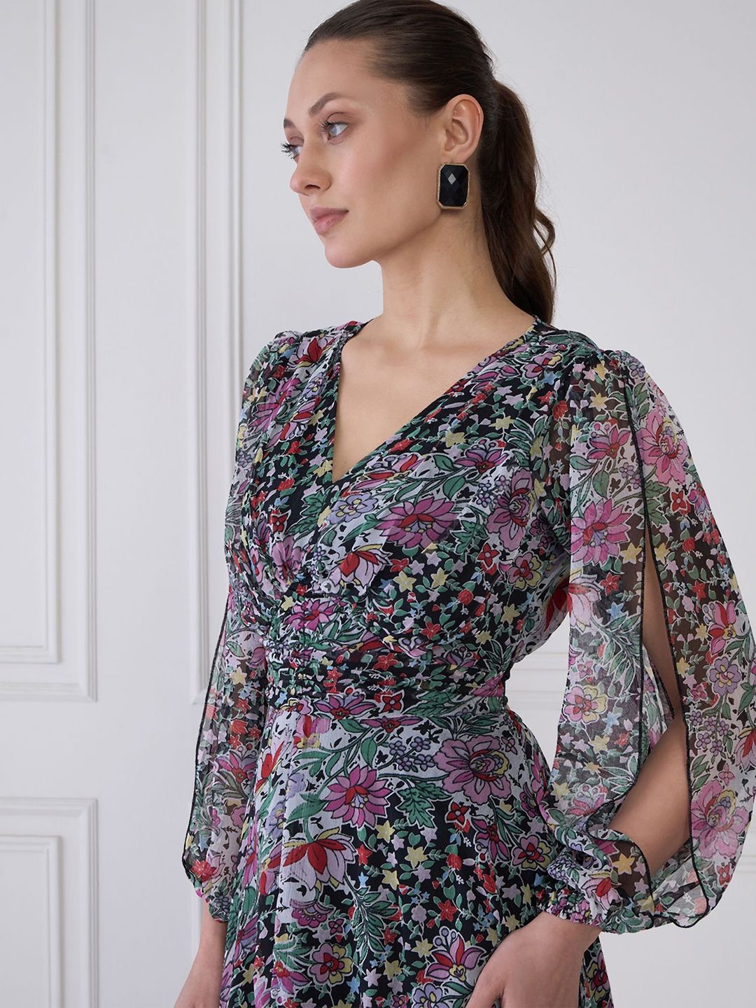 Antheaa Floral Print Chiffon Midi Fit and Flare Dress