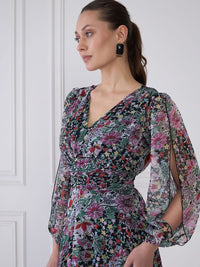 Antheaa Floral Print Chiffon Midi Fit and Flare Dress