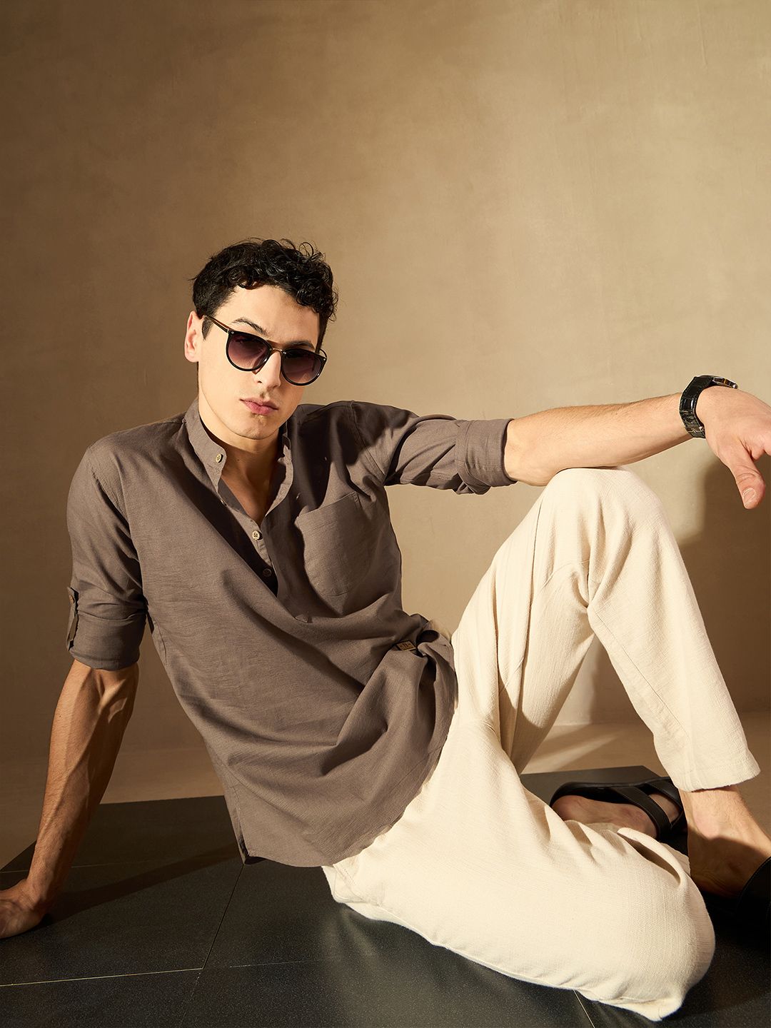 DENNISON Men Brown Solid Straight Pure Cotton Short Kurta